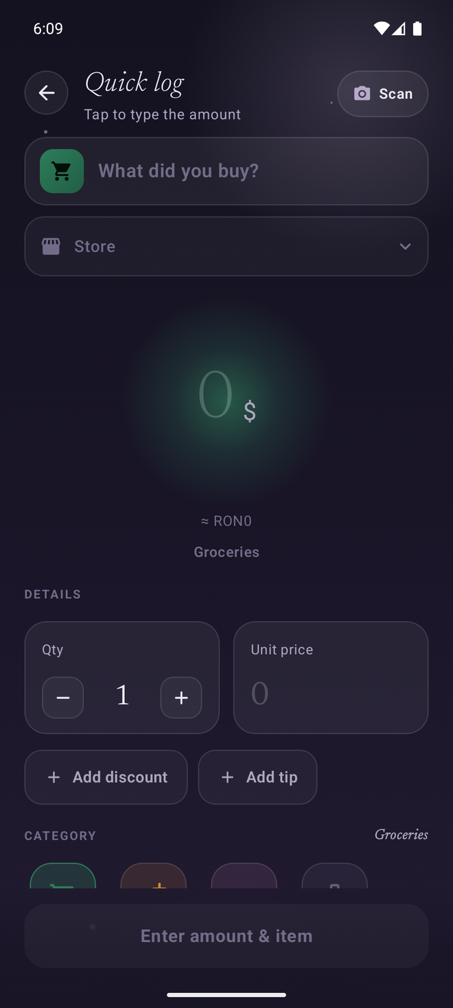 Quick log screen